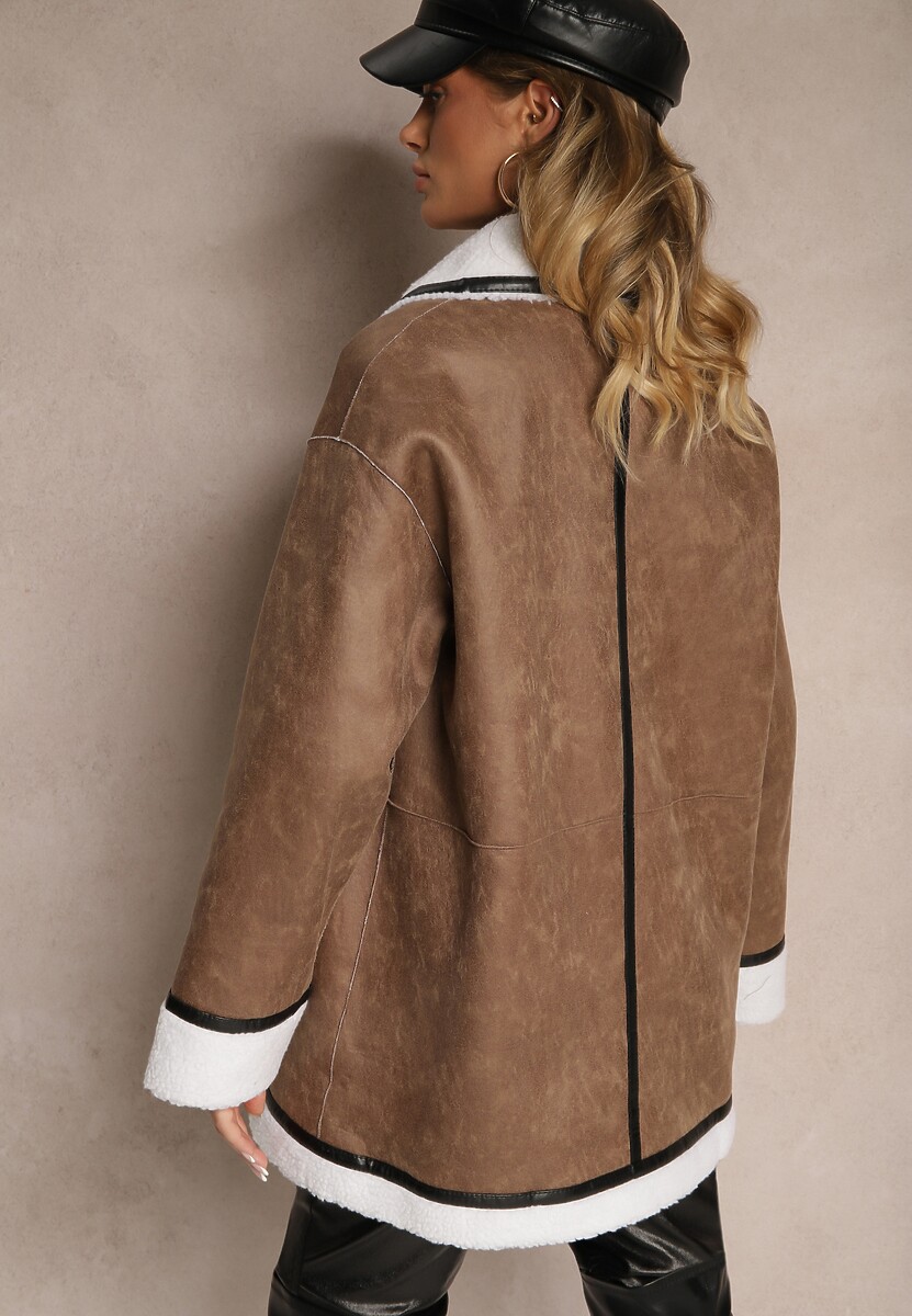 Ciemnobrązowa Marynarkowa Kurtka Biker z Futerkiem Typu Baranek Salethiel