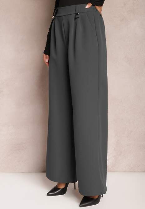 Ciemnoszare Eleganckie Spodnie Dzwony z Ozdobnymi Patkami w Pasie Nattas