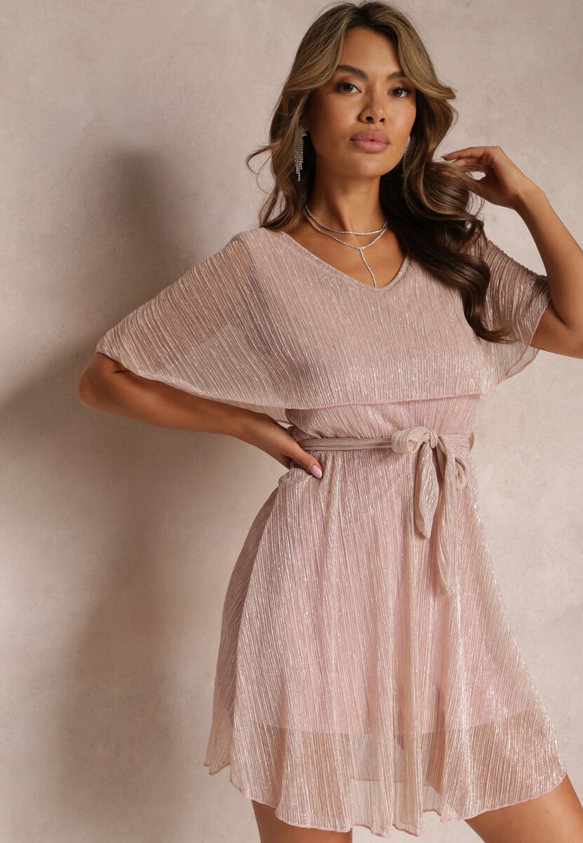 Jasnoszara Sukienka Mini z Metaliczną Nitką i Gumką w Pasie Eullas