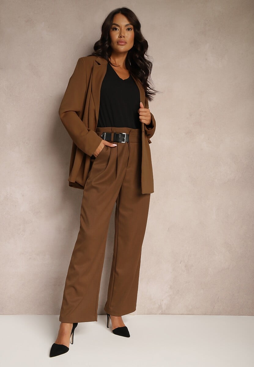 Czarne Szerokie Spodnie Garniturowe z Wiskozą High Waist Ozdobione Paskiem Elowanda