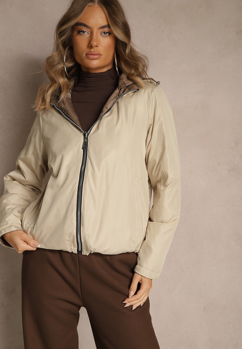 Beżowo-Brązowa Dwustronna Kurtka z Pikowanymi Przeszyciami i Odpinanym Kapturem Zelirelle