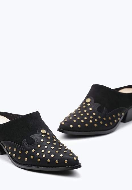 Czarne Klapki Mule w Stylu Kowbojek na Niskim Stożku Ozdobione Nitami Nalkeda