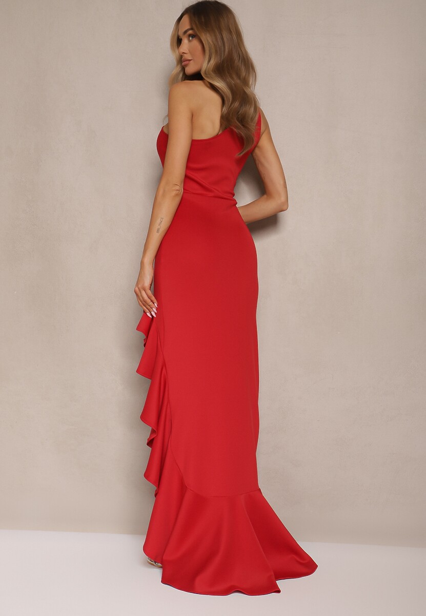 Czerwona Sukienka na Ramię Ozdobiona Falbaną Lunivaria