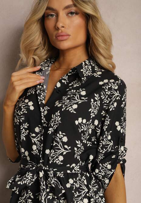 Czarna Sukienka Zapinana na Guziki z Materiałowym Paskiem i Podpinanymi Rękawami Biavenna