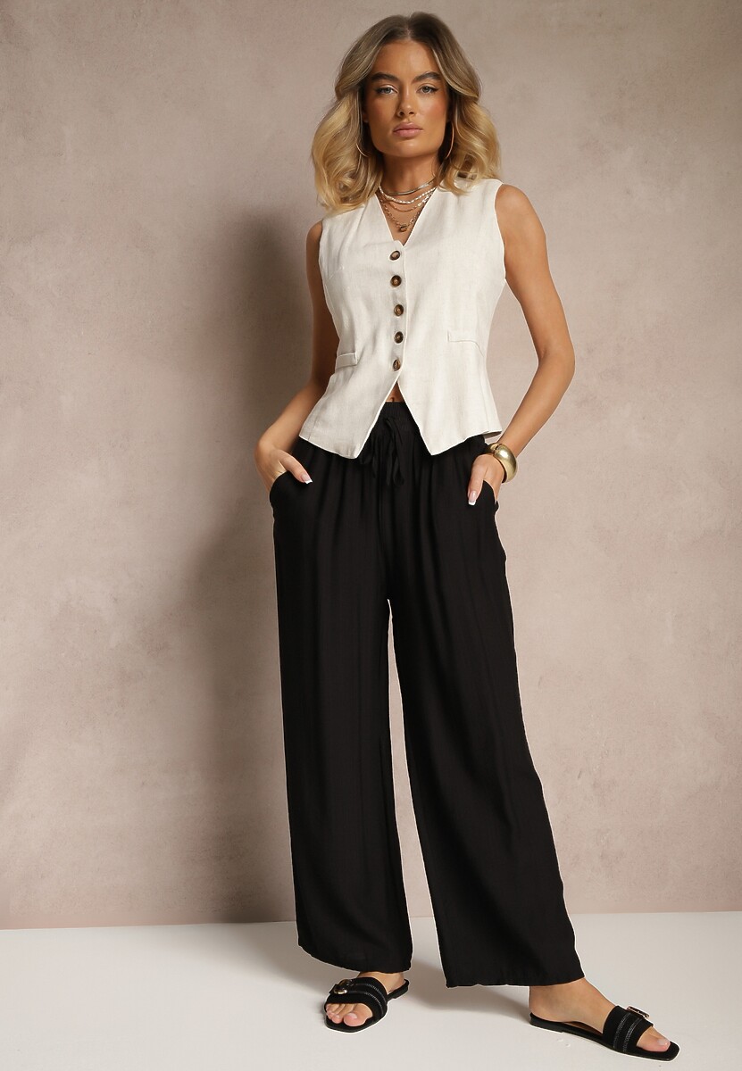 Czarne Spodnie Typu Palazzo o Szerokim Kroju High Waist Ozdobione Wiązaniem Yaslevia