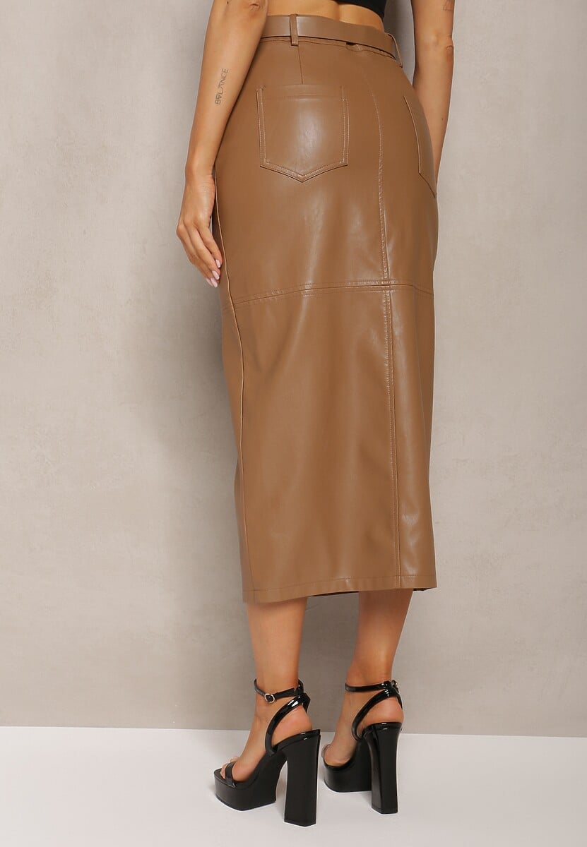 Jasnobrązowa Midi Spódnica Ołówkowa z Ekoskóry z Klamrą na Pasku Agotte
