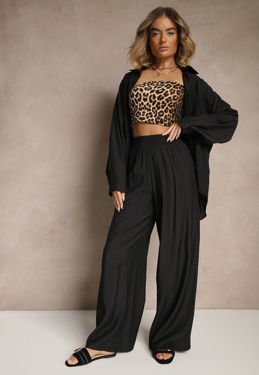 Czarne Spodnie Palazzo High Waist z Szeroką Nogawką i Gumką w Talii Jenarielis