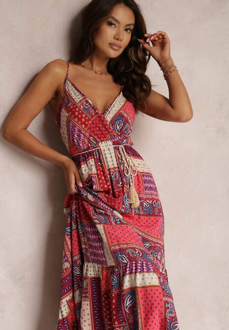 Bordowa Wiskozowa Sukienka o Kopertowym Kroju w Print Patchwork Grehan