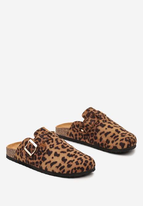 Brązowe Klapki w Panterkę na Płaskiej Podeszwie z Korka z Klamerką i Okrągłym Noskiem Shamsa