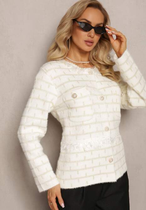 Biało-Beżowy Zapinany Kardigan z Wiskozy i Metaliczną Nitką Kurisa