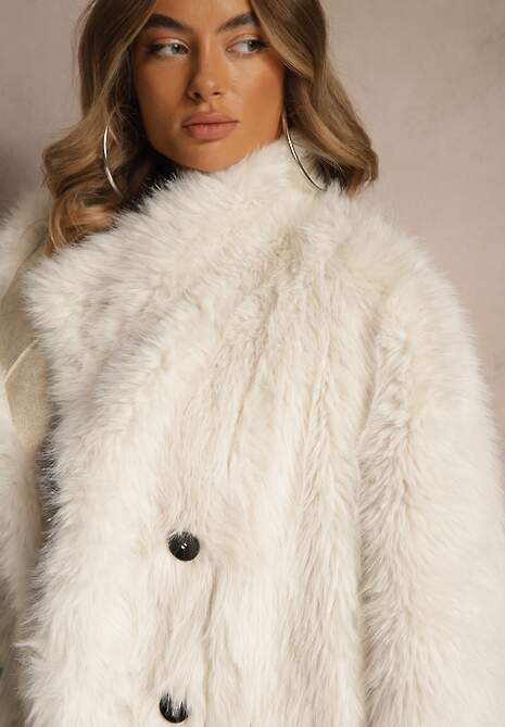 Beżowy Dwurzędowy Płaszcz Futerko o Dwustronnym Kroju z Kołnierzem Nalaneva