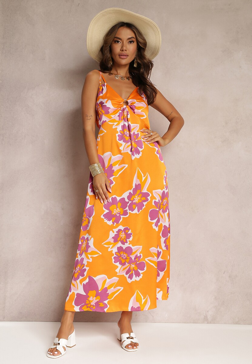 Pomarańczowa Satynowa Sukienka Maxi w Kwiaty ze Zdobieniem przy Dekolcie Benna