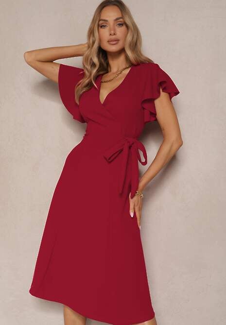 Bordowa Kopertowa Sukienka z Rozkloszowanym Dołem i Ozdobnym Wiązaniem Dannola