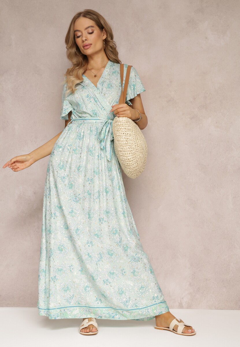 Miętowa Wiskozowa Sukienka z Metalicznym Wzorem i Gumką w Pasie Carinalia