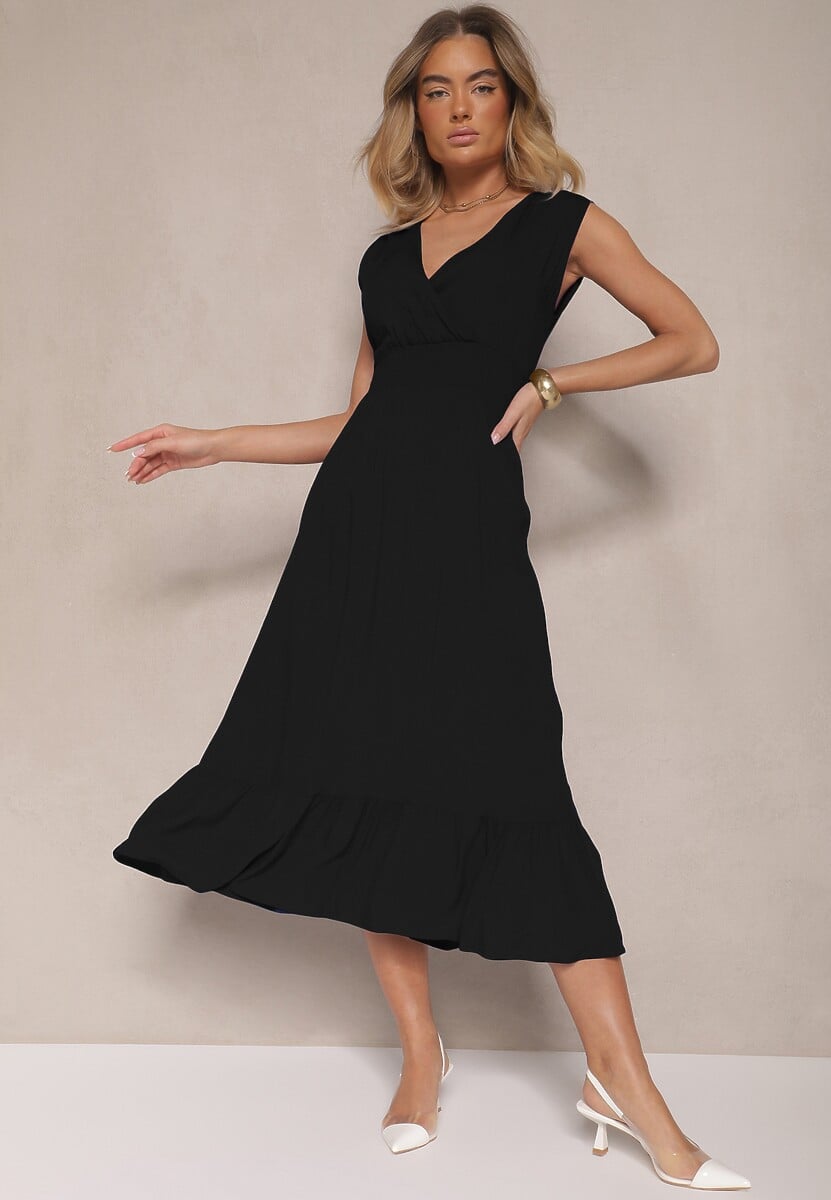 Niebieska Kopertowa Sukienka z Wiskozy Zdobiona Falbanką Ularisela