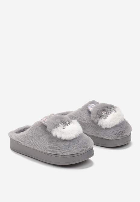 Szare Płaskie Kapcie z Aplikacją 3D w Kształcie Króliczka Munere