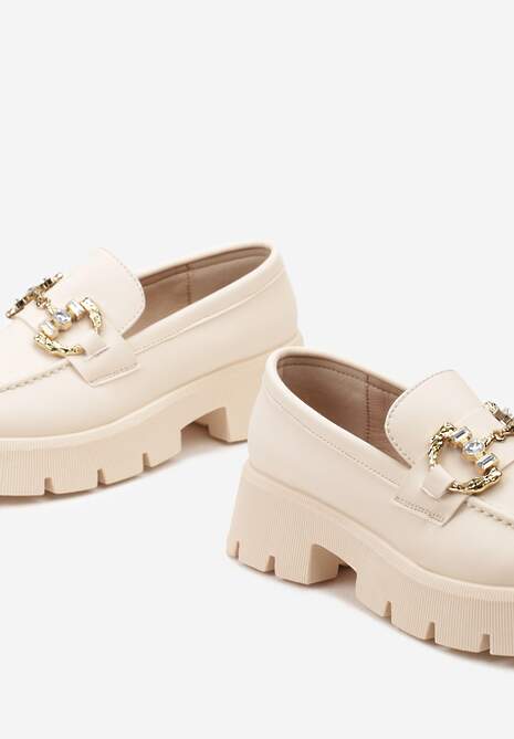 Beżowe Mokasyny z Grubą Podeszwą w Kolorze Cholewki z Klamrą Rosarose