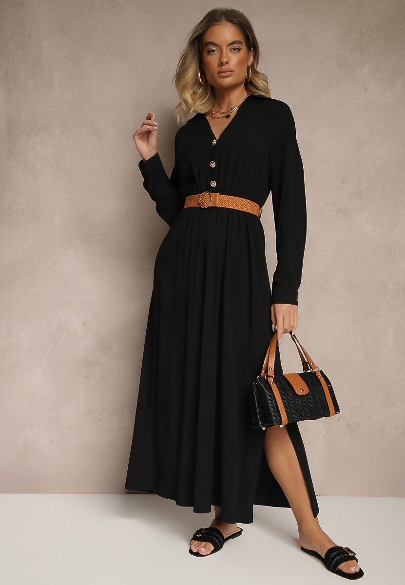 Czarna Wiskozowa Sukienka o Rozkloszowanym Kroju z Paskiem i Rozcięciem Reirissa