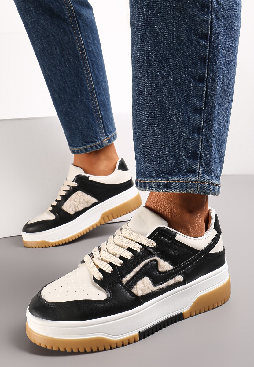 Czarno-Białe Sneakersy z Imitacji Skóry ze Wstawkami z Futerka Vaelisa
