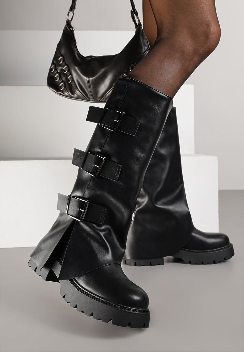 Ciemnobrązowe Kozaki VICES z Wywiniętą Cholewką Zdobioną Sprzączkami Anileria