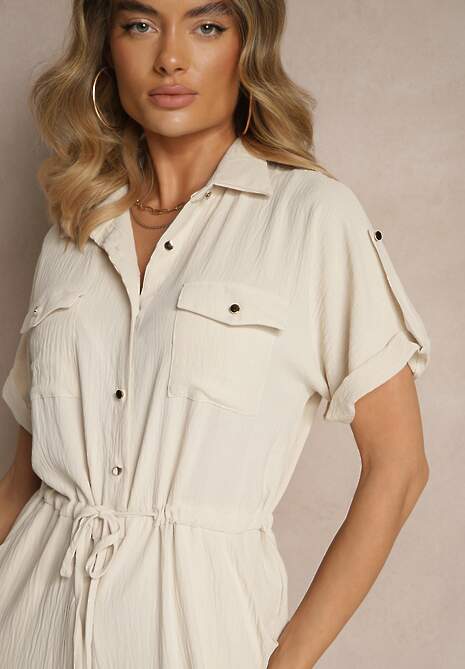 Jasnobeżowy Koszulowy Kombinezon z Krótkim Rękawem Wiązany w Pasie Maraisla