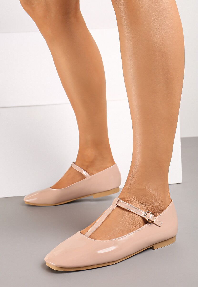 Beżowe Balerinki z Lakierowanym Połyskiem i Kwadratowym Noskiem Zapinane na Klamerkę Edalia