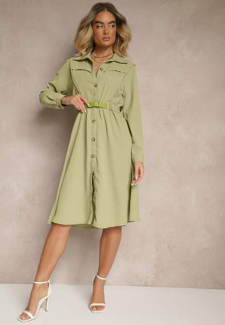 Ciemnozielona Koszulowa Sukienka z Gumką w Talii i Paskiem z Klamerką Jenele