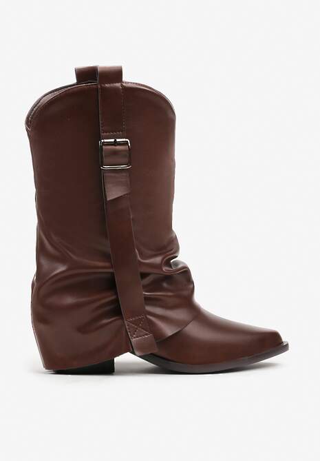 Ciemnobrązowe Botki Kowbojki z Wywiniętą Cholewką z Marszczeniem Ilova