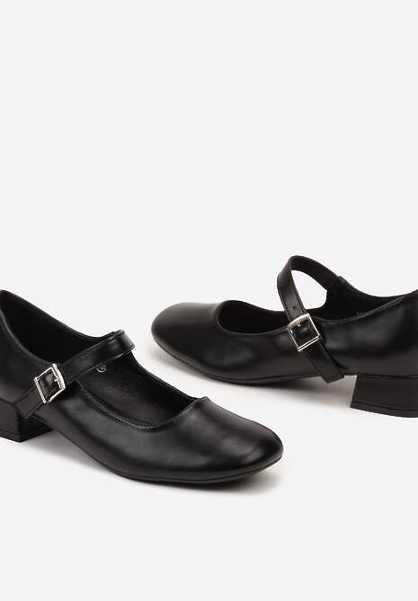 Czarne Klasyczne Czółenka Zdobione Paskiem i Sprzączką na Niskim Obcasie Vittia