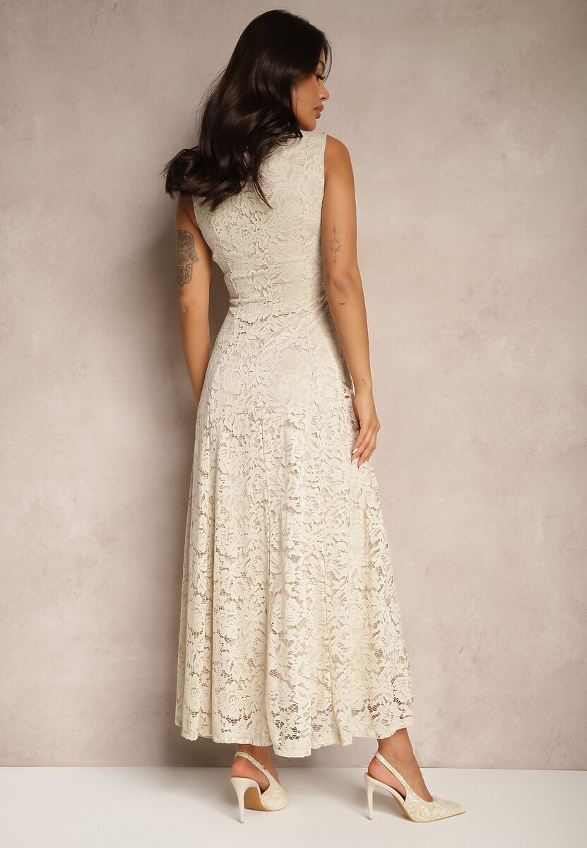 Beżowa Koronkowa Sukienka Taliowana Wilreti