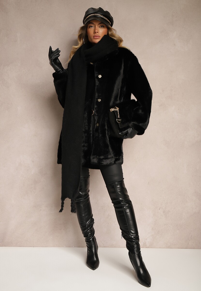 Czarny Płaszcz z Futerka o Prostym Kroju ze Stójką i Kieszeniami Saliratia