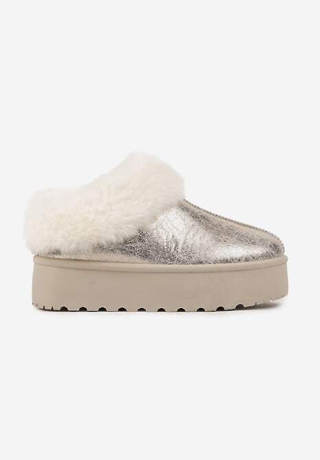 Złote Krótkie Śniegowce Wsuwane na Grubej Podeszwie Ozdobione Futerkiem Azida