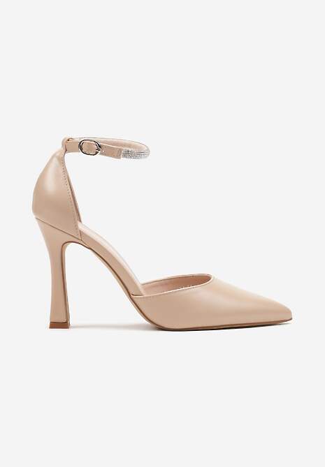 Beżowe Szpilki Klepsydrowe z Paskiem Ozdobionym Cyrkoniami Keramla