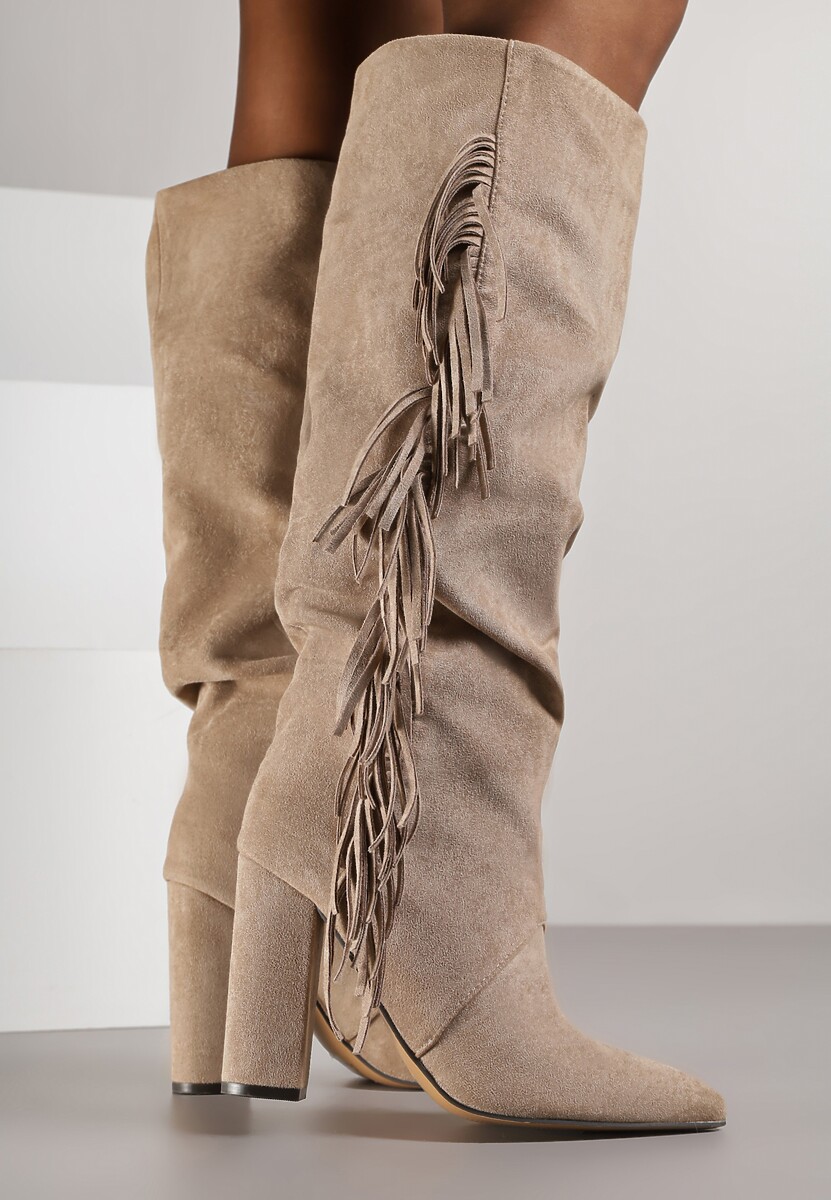 Ciemnobeżowe Kozaki Kowbojki na Słupku z Frędzlami na Cholewce Badina