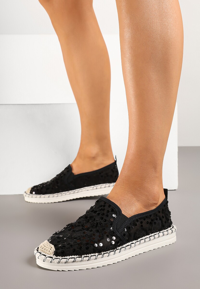 Beżowe Siateczkowe Espadryle z Cekinowym Zdobieniem Vivianoria