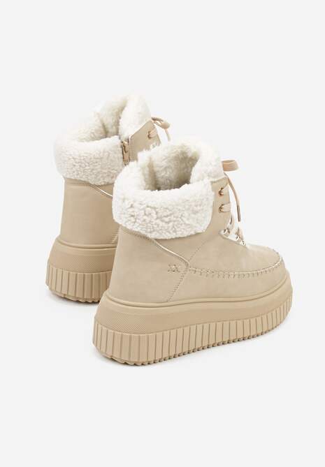 Ciemnobeżowe Śniegowce na Platformie z Tłoczeniem Ozdobione Przeszyciami i Futerkiem Ralassa