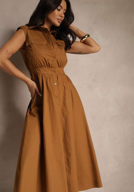 Brązowa Sukienka Koszulowa z Bawełny Ozdobiona Kieszonkami Saviette