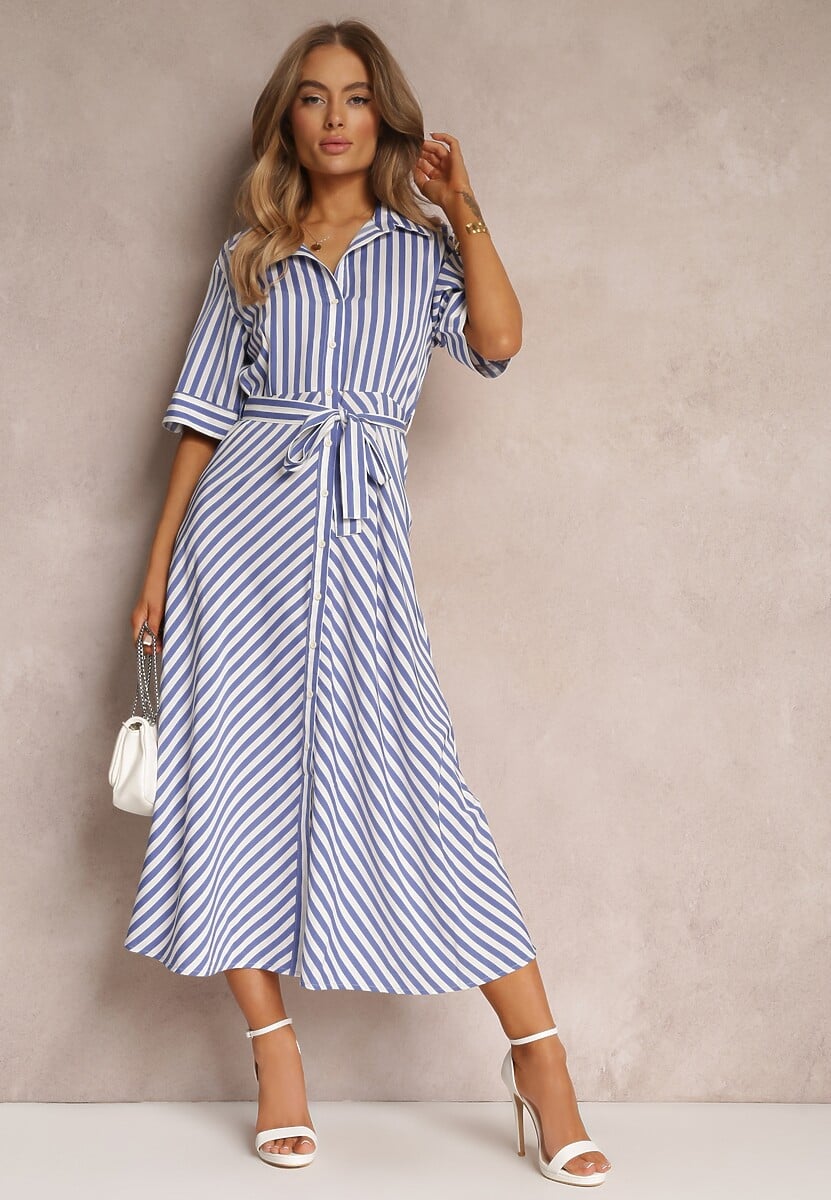 Niebieska Sukienka z Wiskozy w Paski o Koszulowym Fasonie z Wiązanym Paskiem Kimari