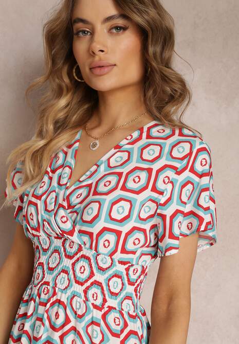 Czerwona Kopertowa Sukienka Mini z Gumką w Talii z Wiskozy Samata