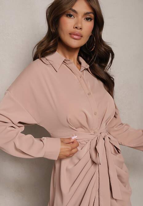 Ciemnobeżowa Sukienka Koszulowa z Wiązanym Paskiem i Marszczeniem Odele