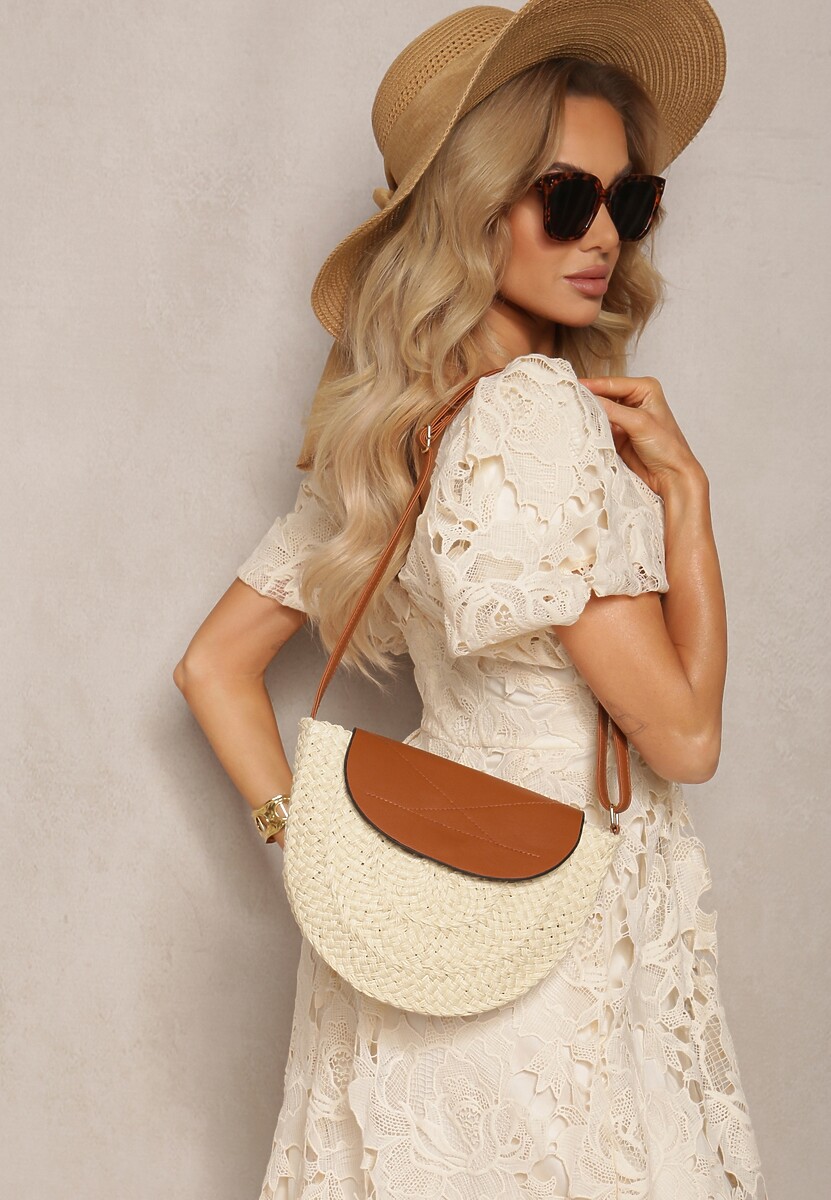 Jasnobeżowa Mała Torebka Boho na Ramię z Połączenia Plecionki i Ekoskóry Virtha