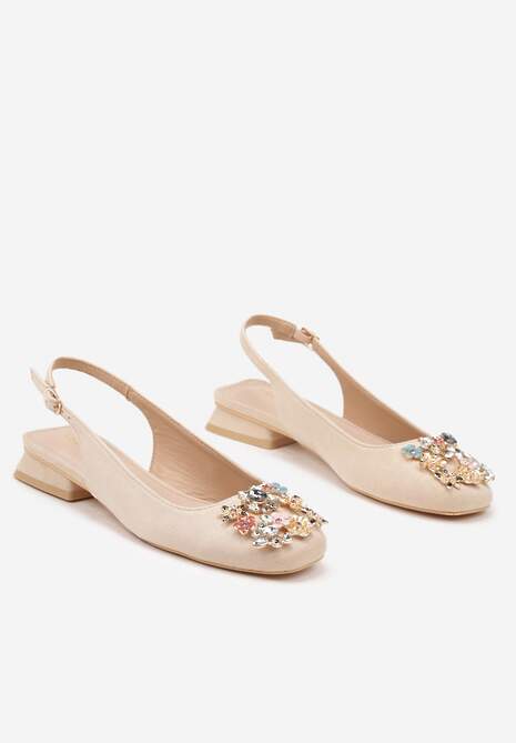 Beżowe Czółenka Slingback Vices z Cyrkoniami i Wkładką ze Skóry Eklina