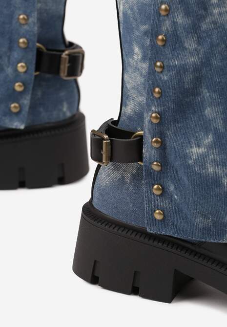 Czarno-Niebieskie Botki Ozdobione Klamrą i Wywiniętą Cholewką Ansone