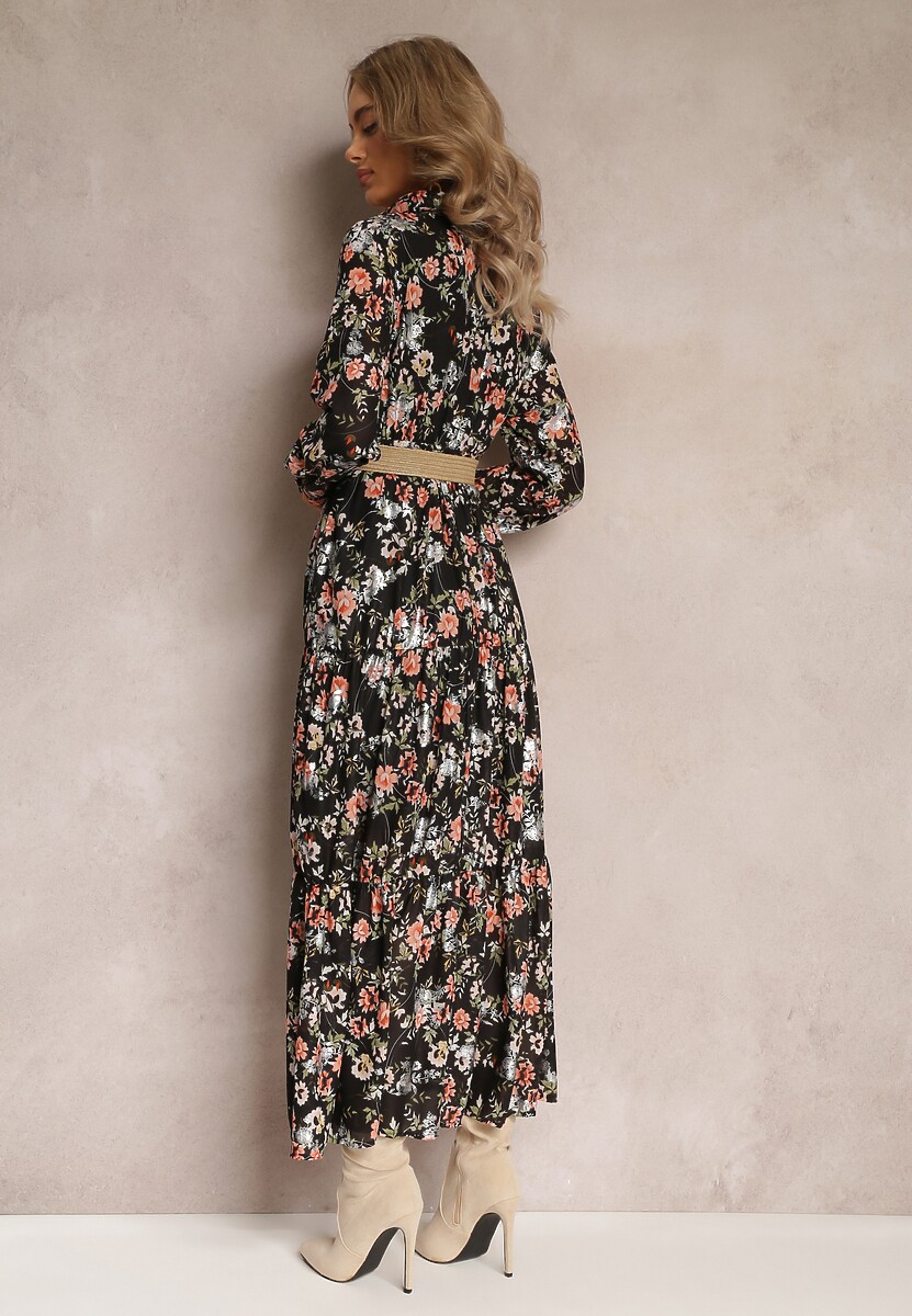 Czarna Sukienka Maxi z Plecionym Paskiem i Gumką w Talii w Kwiaty Elanisa