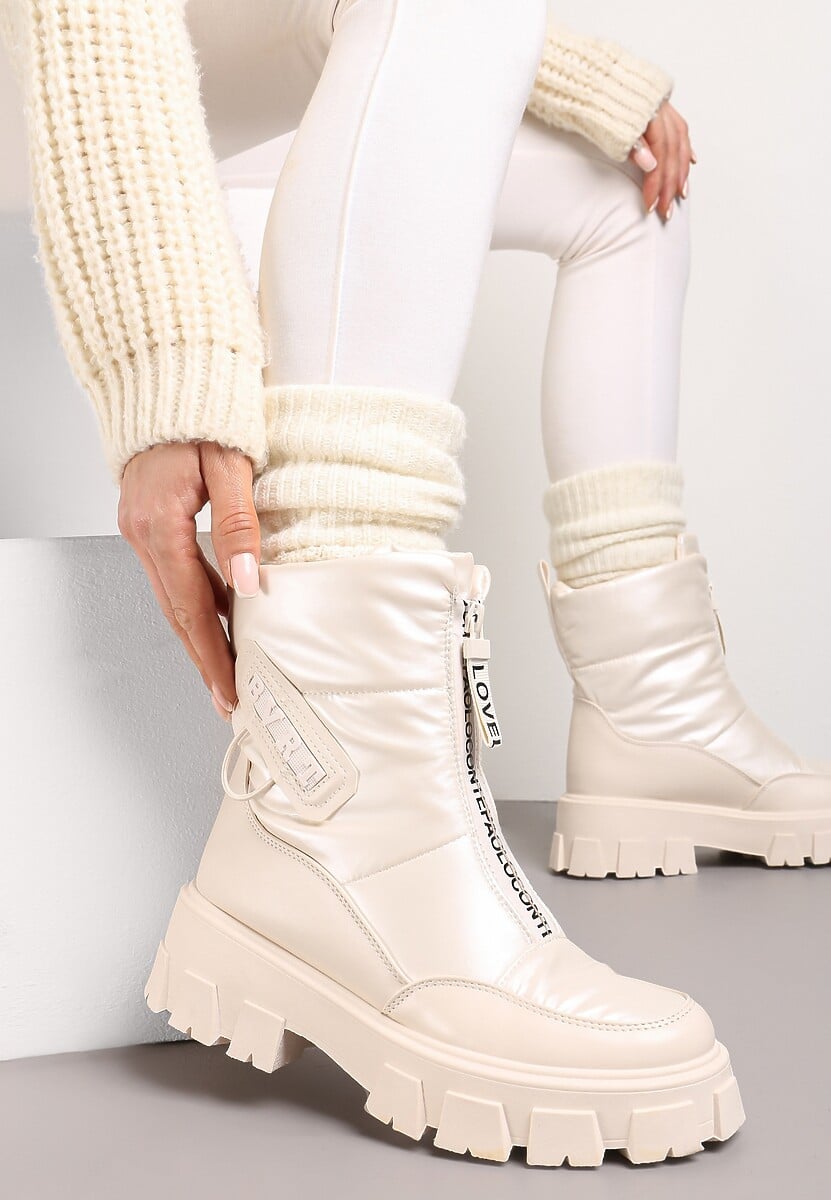 Beżowe Śniegowce z Ekoskóry z Ozdobnym Suwakiem i Napisem Veneria