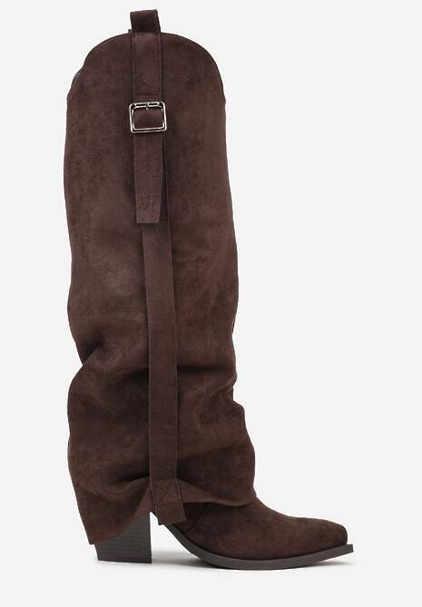 Ciemnobrązowe Kozaki na Stożku Typu Kowbojki Ozdobione Klamrą i Wywiniętą Cholewką Nalirella