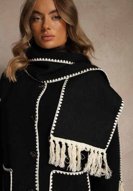 Czarna Kurtka Oversize z Szalikiem i Ozdobnymi Przeszyciami Claritila