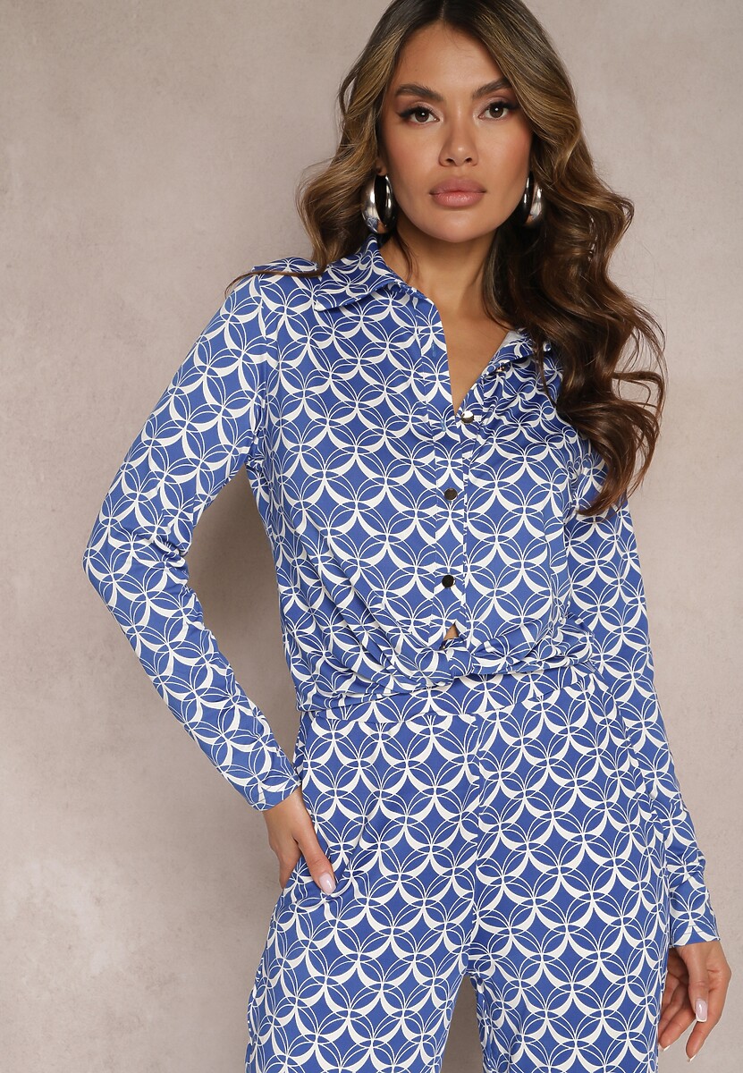 Niebieska Koszula o Unikatowym Deseniu z Metalicznymi Guzikami Amidela