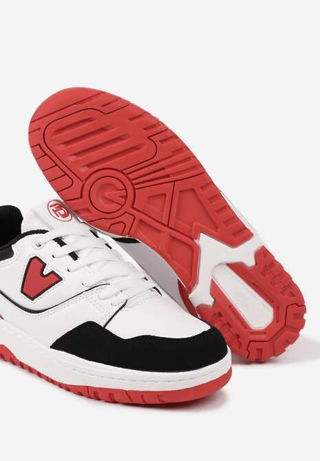 Biało-Czerwone Sneakersy Sznurowane z Aplikacją na Boku i Przeszyciami Irilian