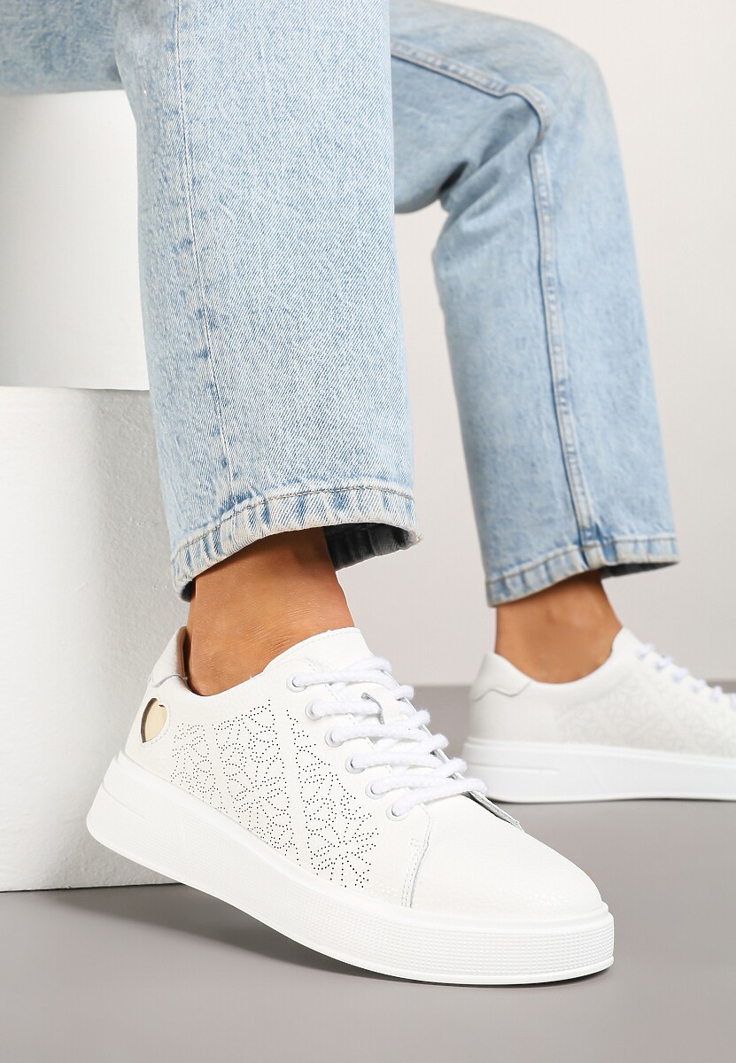 Biało-Czarne Sneakersy z Wkładką ze Skóry Naturalnej Ozdobione Cyrkoniami i Sercem Tiralia